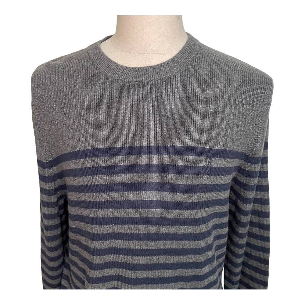 Nautica Men's Gray and Navy Striped Cotton Sweater Size XL